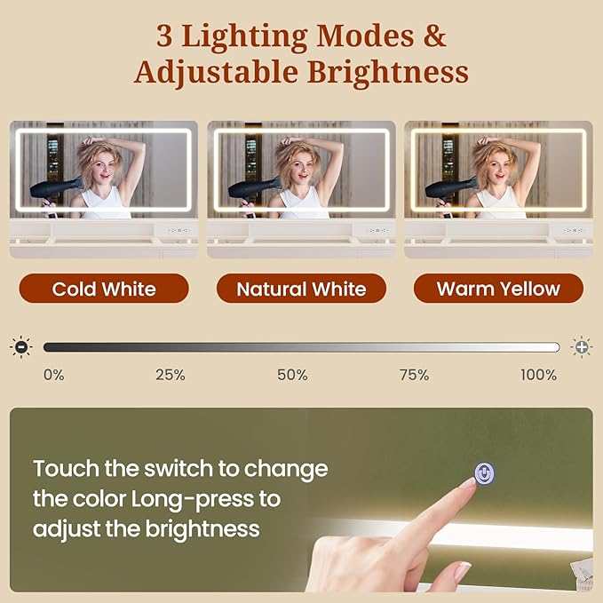 49.3“Large LED Mirror with Lights,Makeup Vanity Desk with 6 Drawers,Power Outlet,Glass Tabletop,Storage Shelf,Rolling Makeup Cart,Hairdryer Rack White