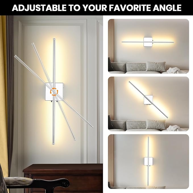 LED Wireless Battery Operated Wall Sconces, 11000mAh Rechargeable Chrome Wall Lights with Remote Control, 350°Rotate Dimmable Wall Lamp, 3 Color Temperatures, for Bedroom Living Room Hallway, 1 PCS