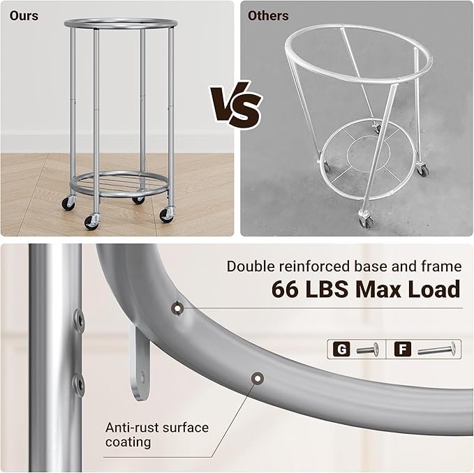 ELYKEN Laundry Hamper with Wheels, 110L Rolling Laundry Basket, Round Laundry Cart with Steel Frame and Removable Bag, 4 Casters and 2 Brakes, Dirty Clothes Hamper for Hotel, Home, Closet, Dorm, Gray