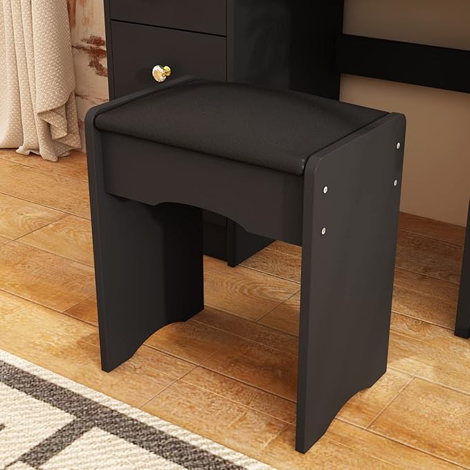 ECACAD Vanity Desk, Vanity Table Set with LED Lighted Mirror, Makeup Vanity Dressing Table with 5 Drawers, Storage Shelves and Cushioned Stool, Black