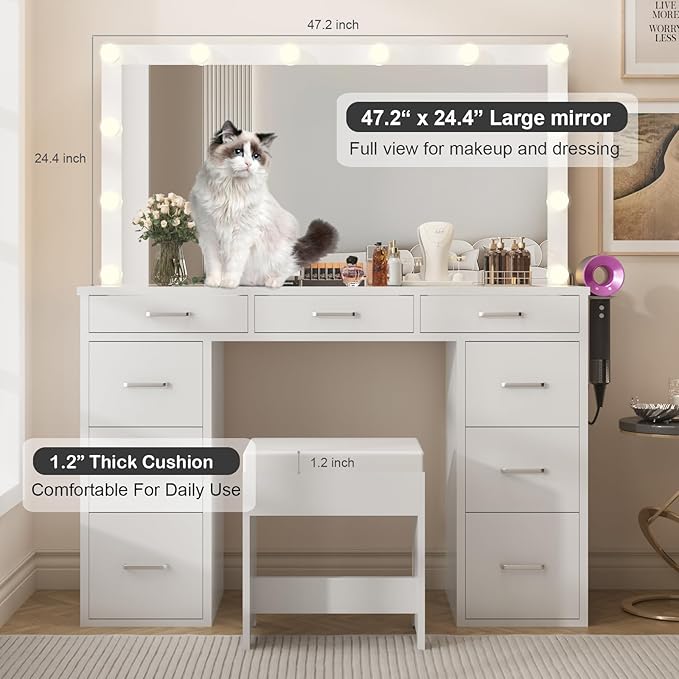 Likein Vanity Desk Set with Mirror and Lights & Power Strip, 47" Glasstop Vanity Makeup Desk with 9 Drawers for Girls, Lights Adjustable Large Hollywood Mirror Dressing Table with Chair for Bedroom