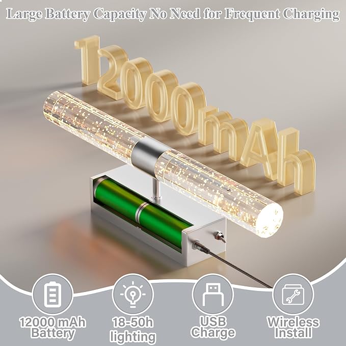 Battery Operated Sliver Wall Sconces Set of 2 Rechargeable Battery Powered Wall Light with 12000mAh Indoor Not Hardwired Dimmable Wall Lamp Fixtures for Bedroom Living Room 15.3 Inches