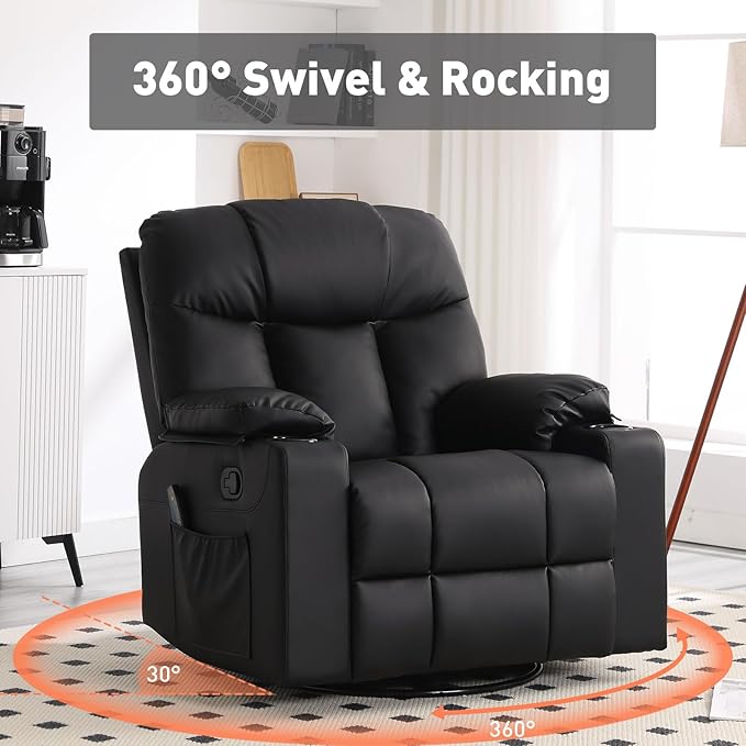 Bonzy Home Oversized Swivel Rocker Recliner, 40" Rocking Recliner Chair with Heated and Massage, PU Leather Single Sofa with Swivel Function, 2 Cup Holders for Living Room Bedroom, Black