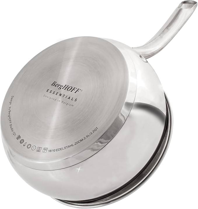 BergHOFF Belly Shape 18/10 Stainless Steel 8 Inches Saucepan 3.2qt., Glass Lid, Fast, Evenly Heat, Induction Cooktop Ready