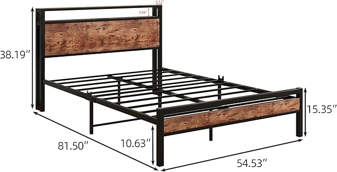 Full Size Bed Frame with Storage Headboard/USB Charging Station,Metal Platform Bed Frame Full Size No Box Spring Needed,Noise-Free,Strong Steel Slats Support,Rustic Brown