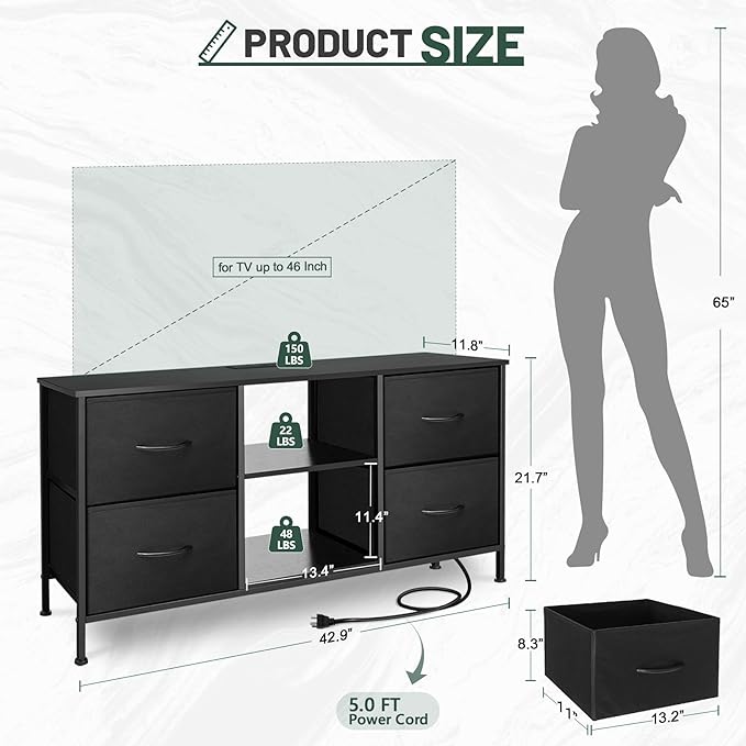 TV Stand for Bedroom, Television Stand for TV up to 46 Inch Entertainment Center Dresser with 4 Drawers Open Storage Shelves for Living Room, Entryway (Black and Charcoal Black)