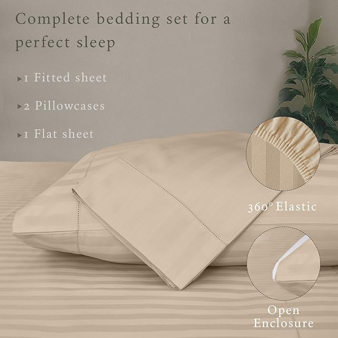Threadmill 500 Thread Count Full Size Damask Stripe 4 Pc Luxury Cotton Sheet Set, Breathable Light Beige Sheets with 16" Elasticized Deep Pocket, 2 Pillowcases & Free Tote Bag