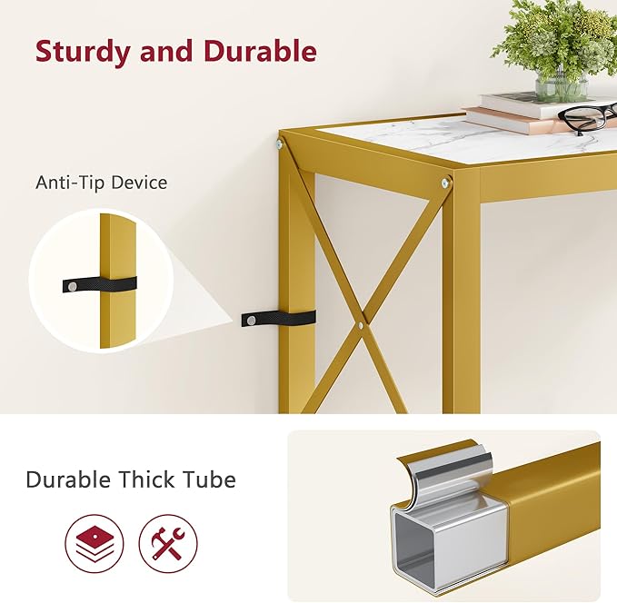 Tajsoon Entryway Table, 2-Tier Small Consle Table for Entryway, Narrow Sofa Table with Shelves, Entrace Table for Hallway, Living Room, Corridor, Office, Gold & White