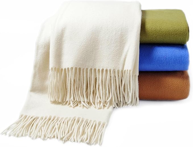 CUDDLE DREAMS Premium Cashmere Throw Blanket with Fringe, Luxuriously Soft (Ivory)