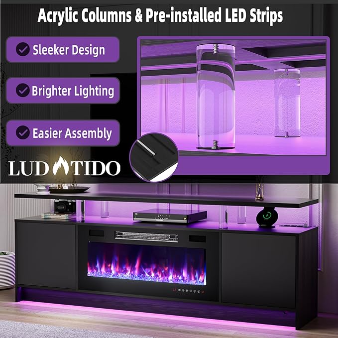 Ludatido 70 Inch TV Stand with 36 inch Electric Fireplace 27 Inch high LED Light Entertainment Center Easy to Assemble for TVs Up to 80'' with USB&AC Power Interface Black with Acrylic Support