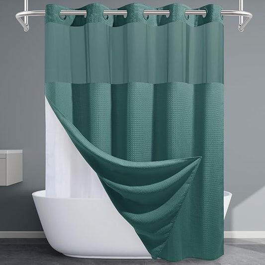 Seaweed Green Long No Hook Shower Curtain with Snap in Liner,230GSM Waffle Weave Shower Curtains for Bathroom,71W x 86H