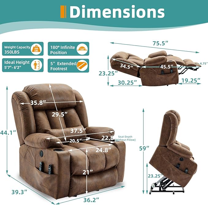 MEETWARM Oversized Dual Motor Lay Flat Power Lift Recliner Chair for Big Elderly with Heat Massage, Large Sleeping Electric Recliner with Extended Footrest, Lumbar Pillow, USB & Type-C Ports, Brown