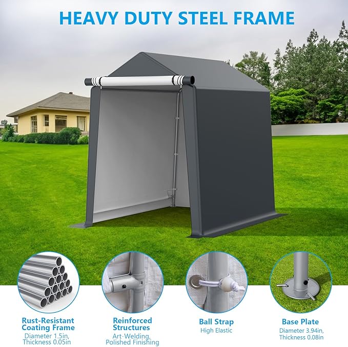 6x8FT Outdoor Storage Shelter Carport, Portable Shelter Heavy Duty Storage Shed Carport with Roll-up Zipper Door for Bike, Motorcycle, Garden Storage, Waterproof and UV Resistant, Gray
