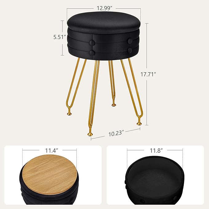 VECELO Round Vevlet Vanity Stool with Storage, 4 Metal Legs Vanity Seat with Anti-Slip Feet, Modern Vanity Chairs Footrest Furry Padded Seat, Space Saving, Easy to Clean for Makeup, Bedroom, Black