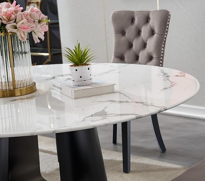 5-Piece Faux Marble Round Dining Table Set for 4, Modern Luxury Kitchen Table Set for 4 with Green Tufted Chairs,Circle Dining Tables with White Marble Grain Top and Black Pedestal Base