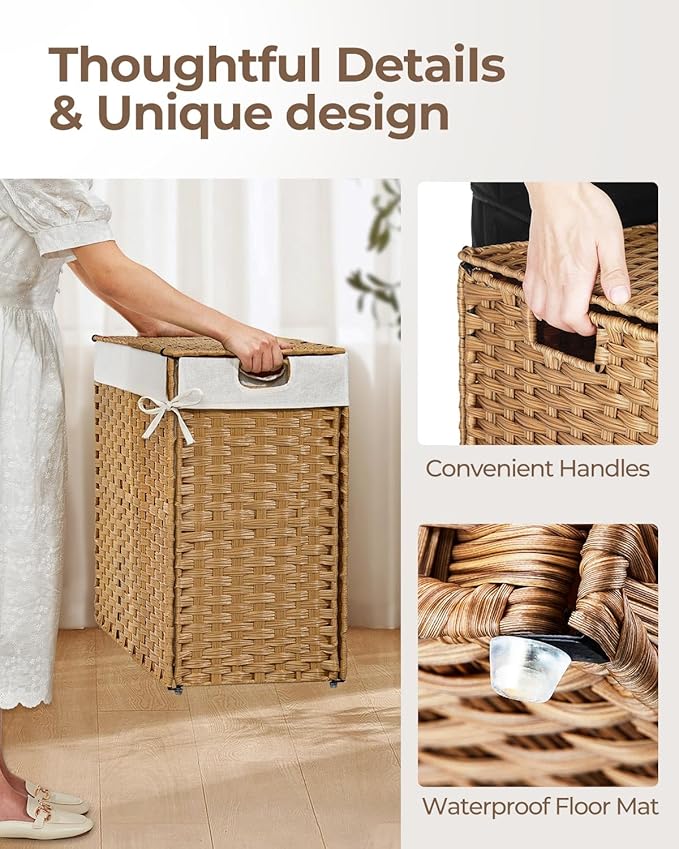 Greenstell Laundry Hamper No Install Needed, Divided Clothes Hamper with 2 Removable Liner Bags, 90L Handwoven Synthetic Rattan Laundry Basket with Lid and Handles, Foldable Natural