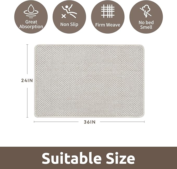 AMOAMI Chenille Bath Mat Super Absorbent Bathroom Mat Quick Dry Bath Mats for Bathroom Rubber Backed Bathroom Rugs Non Slip Washable Fit Under Door, Front of Bathtub, Sink, Beige&White 24"x36"