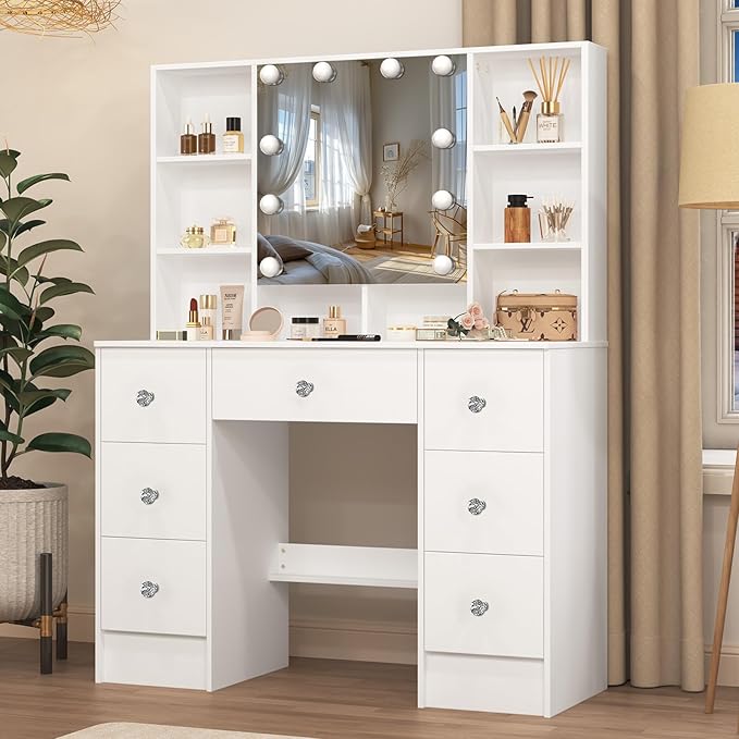 Large Vanity Table, Makeup Vanity with Mirror and Lights, 7 Drawers 8 Open Shelves, Hollywod Vanity Table for Girls and Women,100 * 40 * 140cm, Modern White