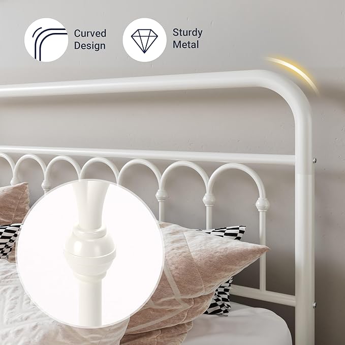 Allewie 14 Inches Full Size Metal Platform Bed Frame with Victorian Style Curved Iron-Art Headboard/Footboard, Metal Slats Support, Easy Assembly, Under Bed Storage, No Box Spring Required, White