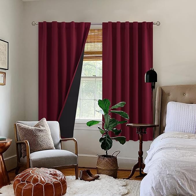 BGment Full Blackout Curtains with Insulated Lining Curtains 63 Inches Long，Rod Pocket and Back Tab Double Layer Room Darkening Window Curtain for Bedroom(42 x 63 Inch, 2 Panels, Burgundy Red)