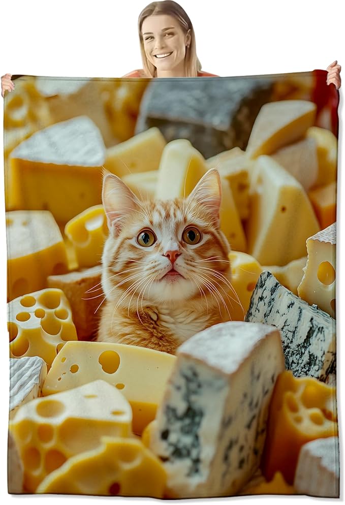 Adorable Cheese Cat Flannel Throw Blanket 50x60 Inch, Cute Orange Kitten Throws, Whimsical Food Humor Fleece Blankets for Couch, Bed, Sofa, Travel, Pet Lovers Novelty Gifts Decor