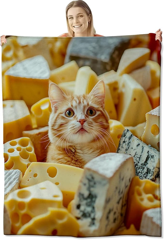 Adorable Cheese Cat Flannel Throw Blanket 50x60 Inch, Cute Orange Kitten Throws, Whimsical Food Humor Fleece Blankets for Couch, Bed, Sofa, Travel, Pet Lovers Novelty Gifts Decor