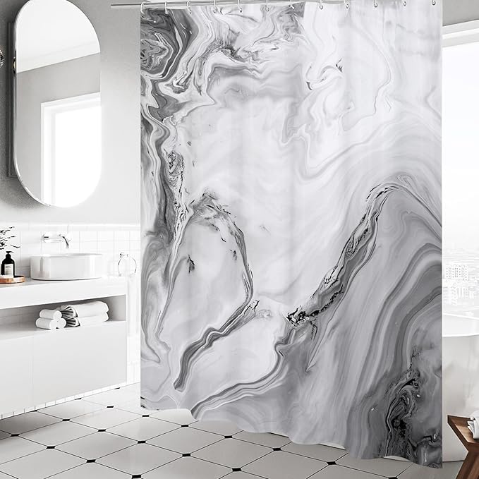 MitoVilla Grey Marble Long Shower Curtain 72 x 78, Abstract 78 inch Long Fabric Shower Curtain for Chic Luxury Bathroom Decor, Modern Ombre Watercolor Shower Curtains 78 inch