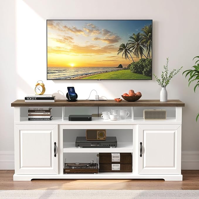 Marsail Modern Farmhouse TV Stand, Entertainment Center with Storage Cabinets, Adjustable Shelves and Power Outlets for Televisions up to 80 Inch, TV Console Table for Living Room, Brown&White