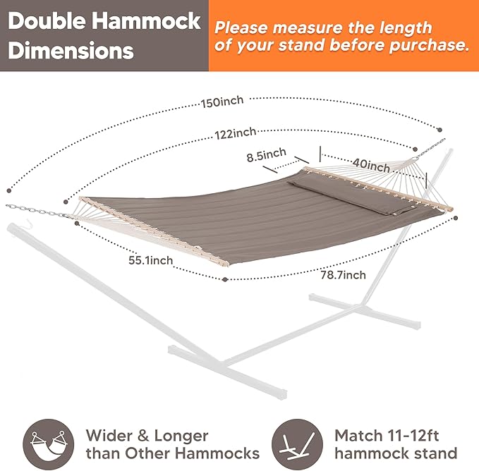 SUNCREAT Double Quilted Hammock with Hardwood Spreader Bar, Extra Large Soft Pillow, Heavy Duty 2 Person Hammock for Indoor, Outdoor, Brown