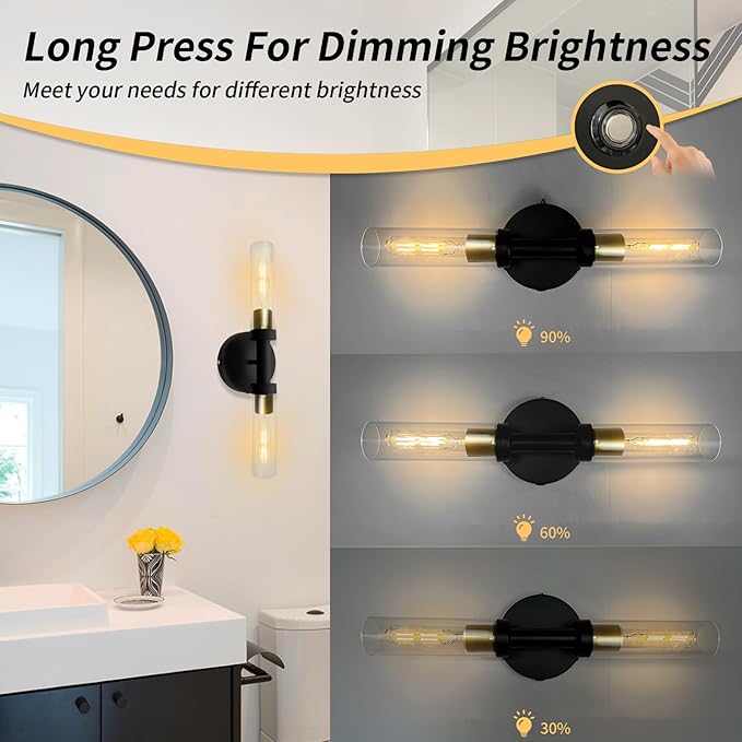 Rechargeable Battery Operated Wall Sconce Set of 2, Dimmable Wall Light with Touch Control, Wireless Bathroom Vanity Lights Over Mirror, Modern Wall Lamp for Living Room Hallway, Black Gold