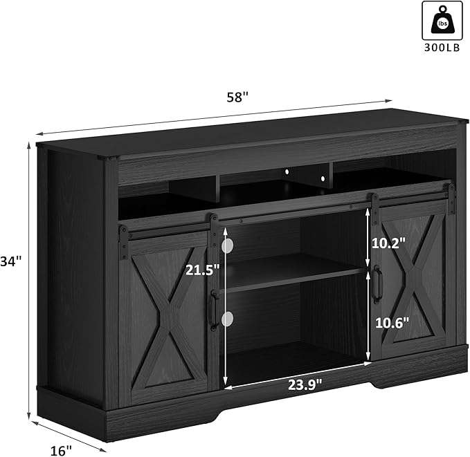 Farmhouse TV Stand for 65+ Inch TV, 34'' Tall Entertainment Center with Sliding Barn Doors, Rustic Wood Media Console Storage Cabinet Television Stand for Living Room, Bedroom (Black)