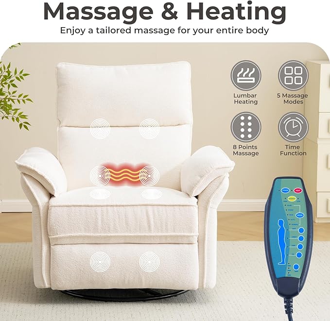 Oversized Power Recliner Chairs for Adults with Massage and Heat, Power Swivel Rocker Recliner Chair with Adjustable Headrest, 26" Extra Wide Rocker Nursery Recliner with USB Port, White