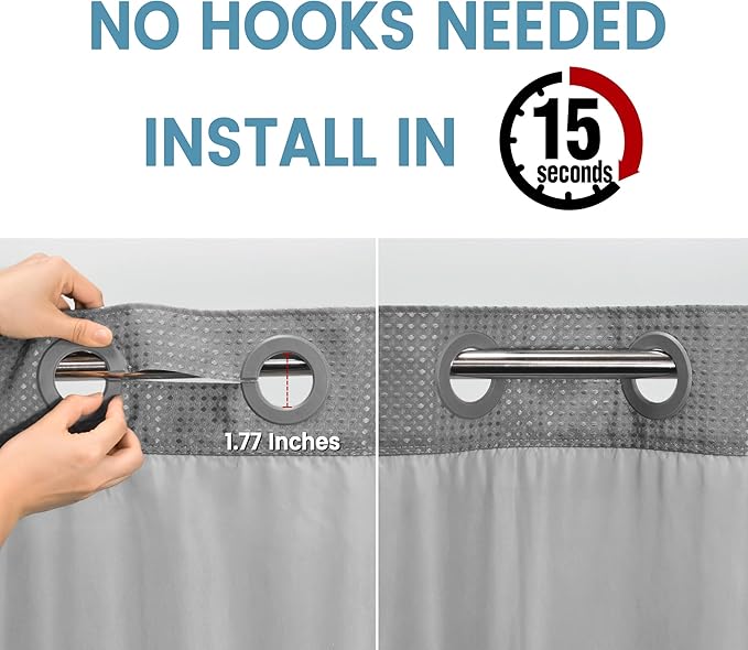 Grey Stall Shower Curtain and Liner Set - 230GSM Waffle Weave Textured Heavy Duty,Hotel Luxury Weighted Bath Curtain,54W x 80H