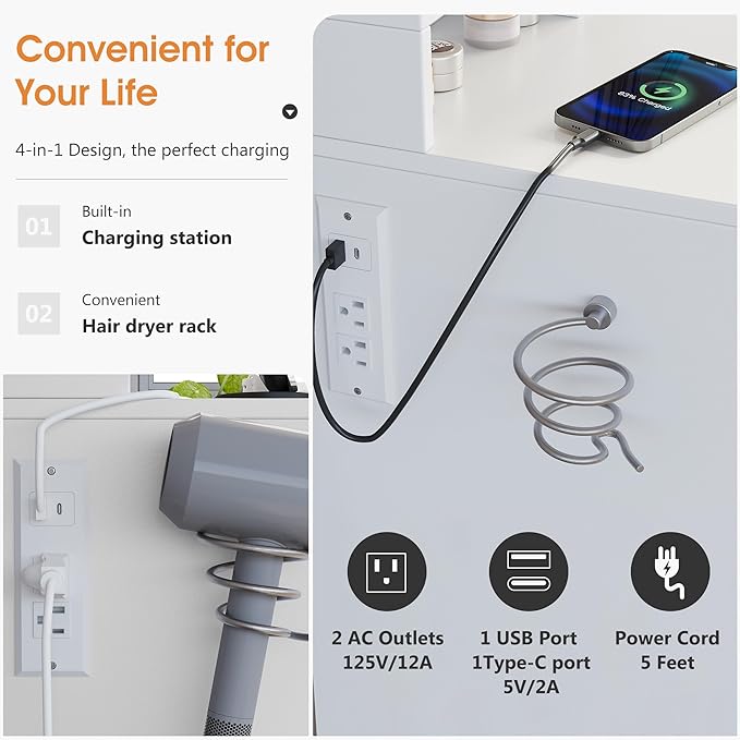 Whalefall Vanity Desk with Mirror and Lights, 31'' Wide Makeup Table with Power Outlets and Chair, 3 Lighting Modes & Adjustable Brightness, Storage Drawer & Open Shelves, for Women Girls Bedroom