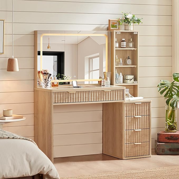 LEYAOYAO Vanity Desk with Mirror and Lights with Stool, 43.5'' Fluted Makeup Vanity with 6 Drawers and Adjustable Shelves,Wood Make Up Vanity Set with Glass Top and Power Outlet for Bedroom