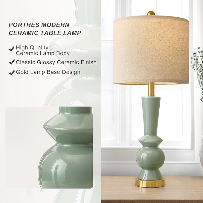 PORTRES 27" Modern Ceramic Table Lamp Set of 2 for Living Room Green & Gold Bedside Lamps for Bedroom Nightstand Lamp Tall End Table Lamps