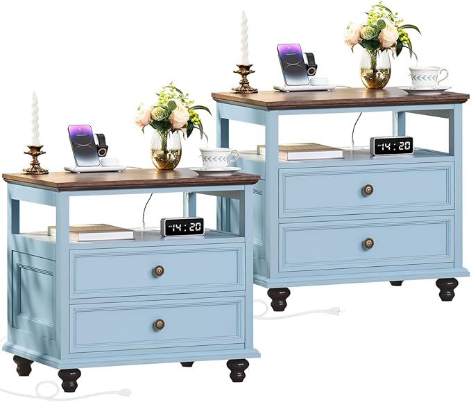 Farmhouse Nightstand Set of 2 with Charging Station, 24" Wide End Table with 2 Drawers, Dresser Cabinet for Bedroom,Bed Side Table Chest of Drawers,Light Blue Night Stand for Living Room