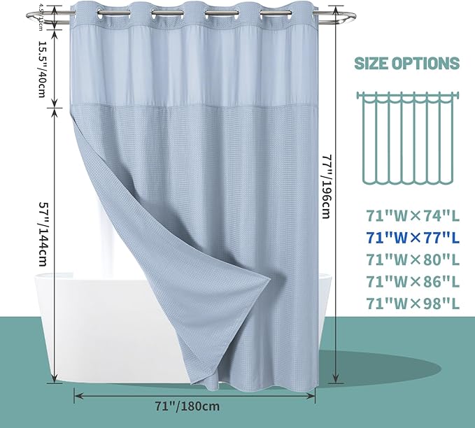 ForstBlue No Hook Waffle Weave Shower Curtain with snap-in Liner Replacement, 230GSM Waterproof Fabric Hotel Shower Curtain Set for Bathroom, Through Mesh Top Window,71Wx77H