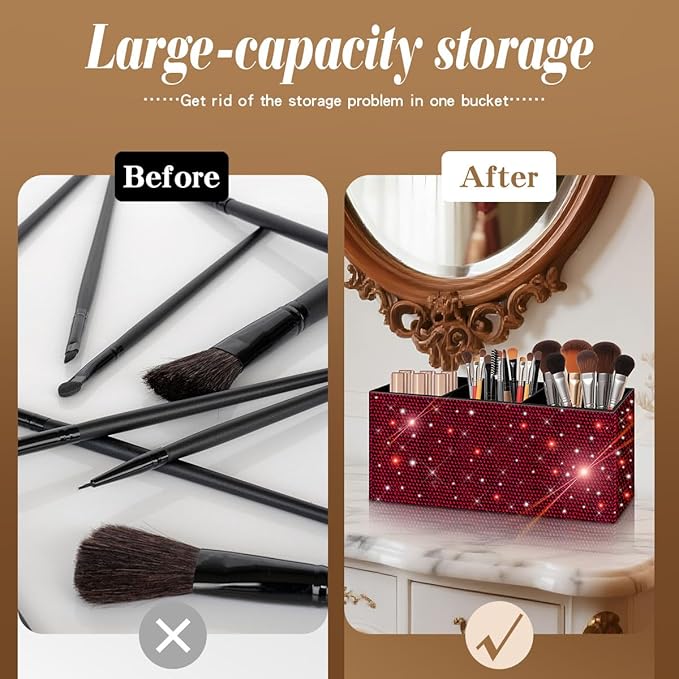 Bling Makeup Brush Holder Organizer, 3 Slot Sparkle Cosmetics Brushes Storage Holders with Shiny Rhinestones, Glitter Cute Pen and Pencil Holder for Desk, Eyeliners Display Case for Vanity (Wine red)