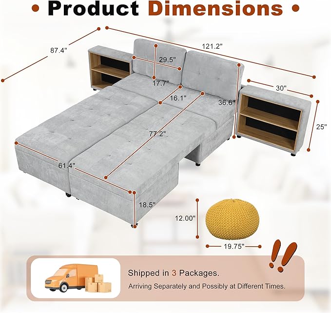 121.2" Sectional Couch, Versatile Sofa Bed Modular Sofa with Two Storage Racks, Sectional Couches for Living Room and Office, Grey