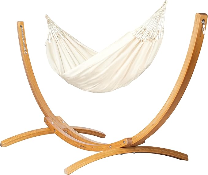LA SIESTA® - XL King Brisa Classic Hammock & Elipso Stand - Larch Wood Hammock Stand - Weather & Tear Resistant - Backyard Outdoor Hammock with Stand - Family Hammock and Stand - Max 440 Lbs, Vanilla