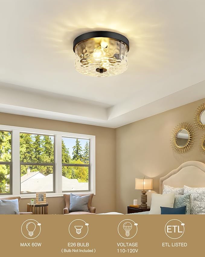 Emak 11 Inch Flush Mount Ceiling Light Fixture, Modern Black Light Fixtures Ceiling Mount with Hammered Glass Shade, 2-Light Drum Ceiling Lights for Bedroom, Bathroom, Hallway, Kitchen, FM082-BK-HG