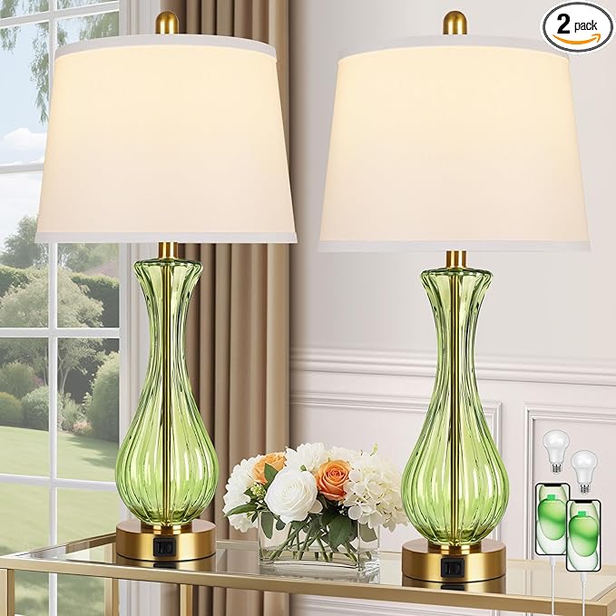 27.5" Coastal Glass Table Lamp Set of 2, 3-Way Dimmable Full Touch Control Beach Lamp with USB A+C Port, Green Glass Nautical Bedside Lamp with White Shade for Living Room Bedroom(LED Bulbs Included)