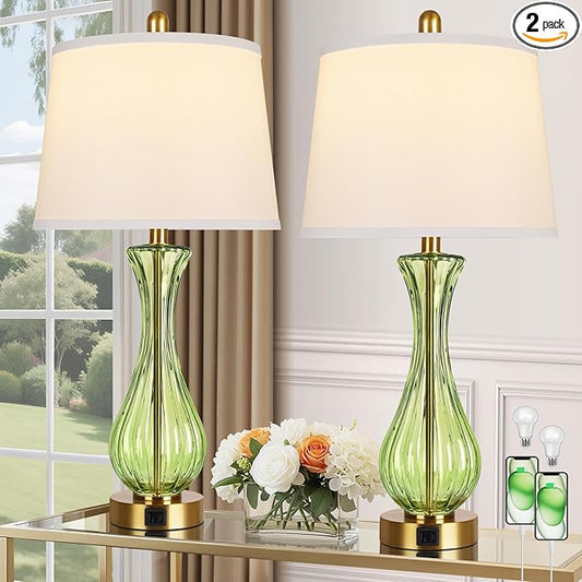 27.5" Coastal Glass Table Lamp Set of 2, 3-Way Dimmable Full Touch Control Beach Lamp with USB A+C Port, Green Glass Nautical Bedside Lamp with White Shade for Living Room Bedroom(LED Bulbs Included)