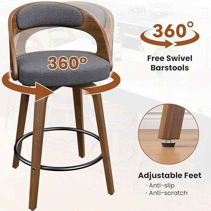 Swivel Bar Stools Set of 6, 26" Counter Height Bentwood Barstool, Mid-Century Modern Upholstered Fabric Bar Chair with Back and Footrest, for Kitchen Island, Bar, Cafe, Dining Room, Grey Linen