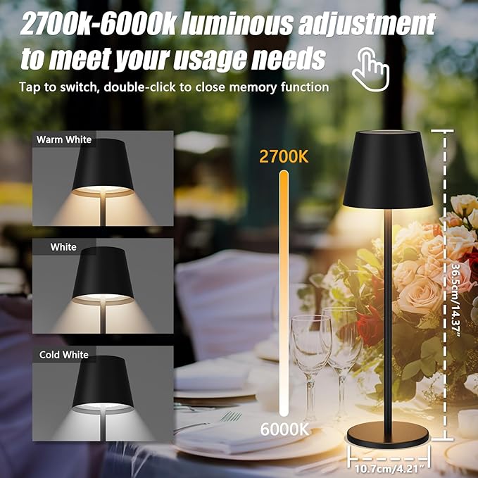 Aipsun Rechargeable Cordless LED Table Lamp 2 Pack, 6200mAh Battery Powered with Stepless Dimming, Waterproof Outdoor Modern Black Finish