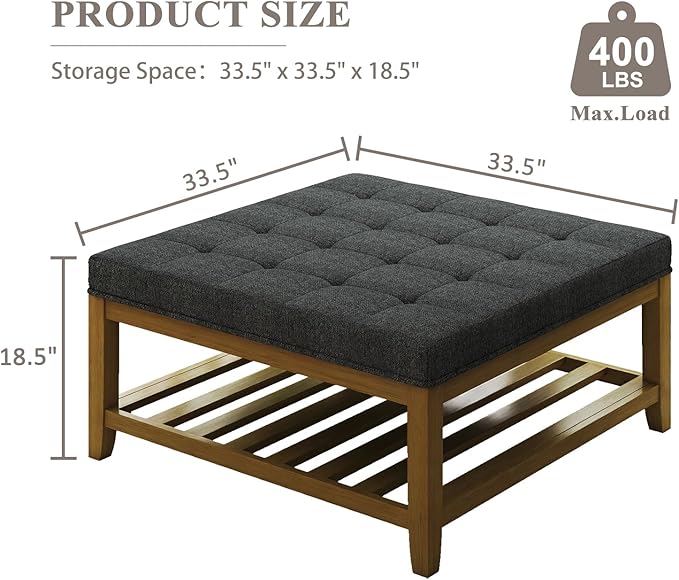 Large Square Ottoman Coffee Table, Linen Solid Upholstered Footrest Ottoman with Solid Wood Shelf Storage Tufted Coffee Table for Bedroom Living Room, Dark Gray
