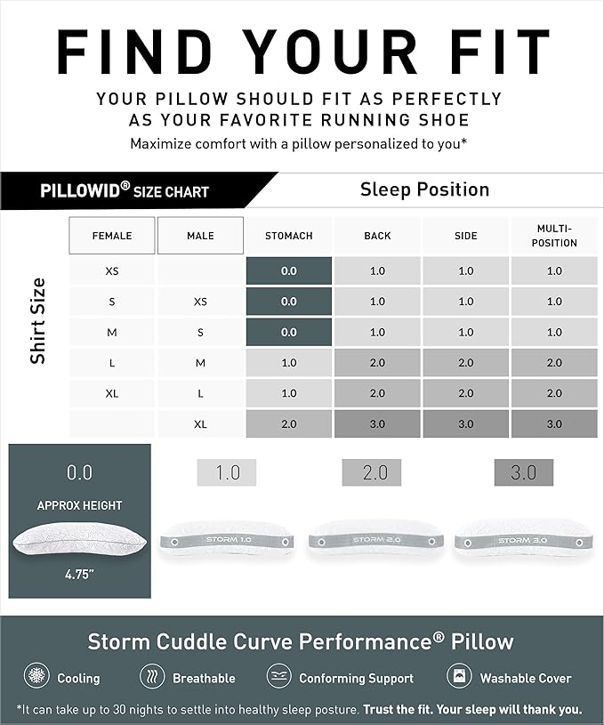 Bedgear Storm Cuddle Curve Performance Pillow - Size 0.0 - Cooling Bed Pillow for Side Sleepers - Medium Firmness- Washable and Removable Cover - 20" W x 26" L