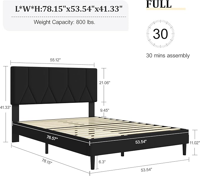 Full Size Bed Frame, Platform Bed Frame with Velvet Upholstered Headboard, Fully Upholstered Mattress Foundation with Strong Wooden Slats, No Box Spring Needed, Noise Free, Easy Assembly
