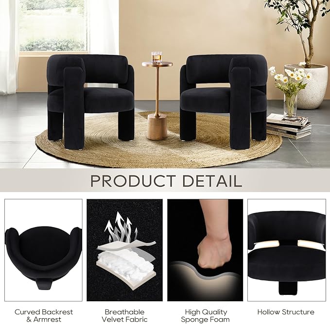 COLAMY Modern Accent Chair, Velvet Accent Chairs, Upholstered Barrel Chairs with Solid Wood Legs, Comfy Side Chair for Living Room, Bedroom, Reading, Cozy Reading Chair,Black